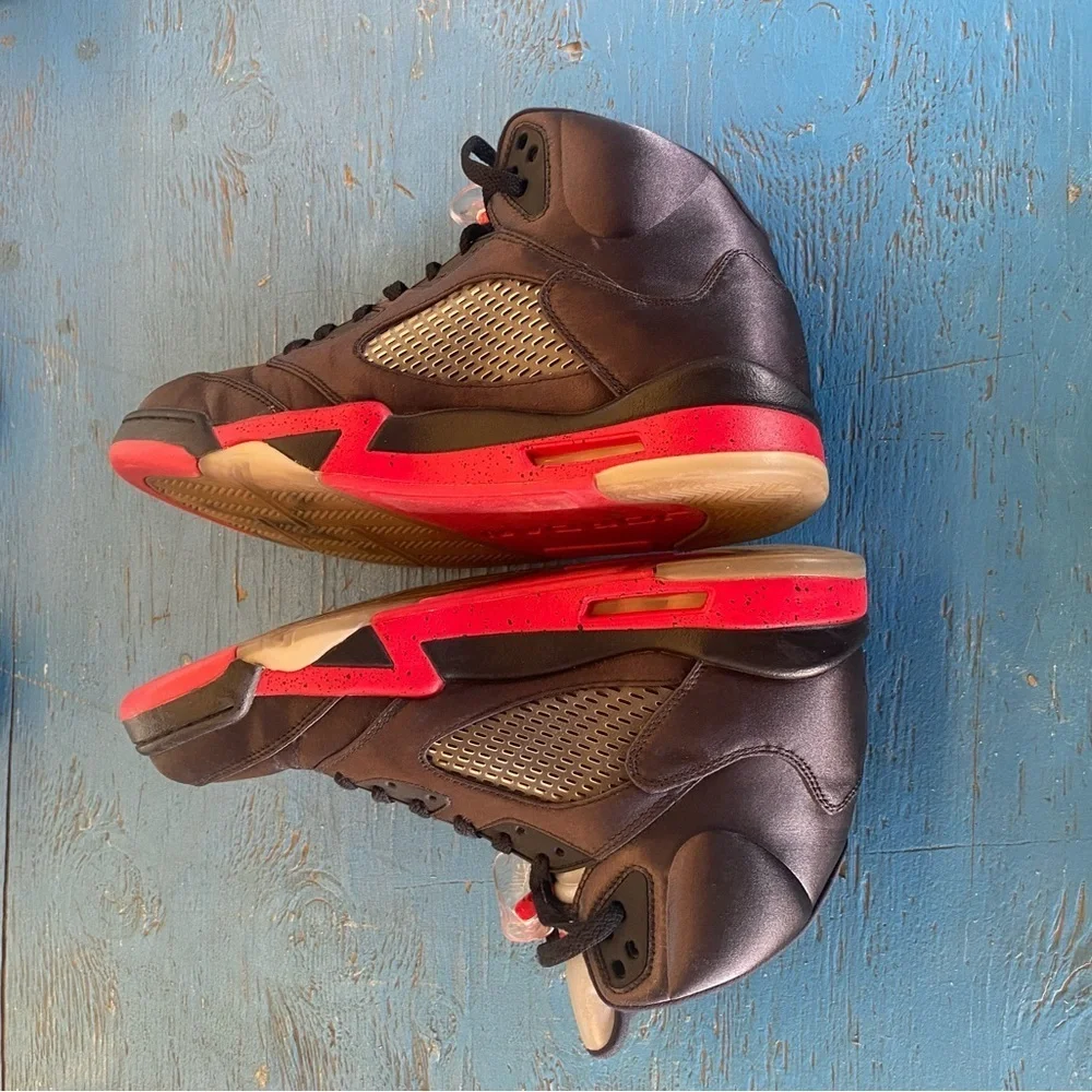 Jordan Black and Red Athletic Shoes Satin Air Jordan Retro 5 Nike